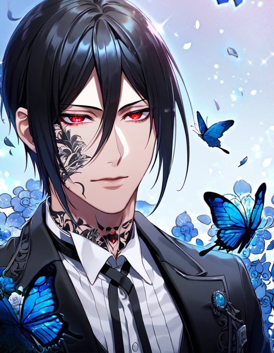 Ultra detailed, Highres, absurdres, HDR, Sebastian Michaelis, black hair, expressive red eyes, black coat with patterns, Kuroshitsuji, blue flowers, petals, handsome, sexy man, solo, very detailed eyes and face, glittering blue butterflies, master piece, toned chest, glittering, fantasy, cross, tattoo on his neck, blue background, blue flames, Black Butler, black pants, white gloves,