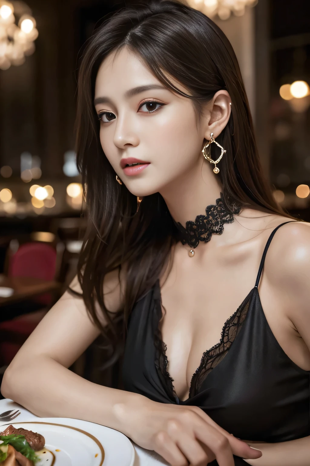 masterpiece, highest quality, Realistic, Very detailed, Finer details, High resolution, 8k wallpaper, One beautiful woman, Wear a black see-through blouse, In a great restaurant, At night, Light brown messy hair, Perfect dynamic composition, Beautiful and beautiful eyes、Big earrings、Sitting in a chair、