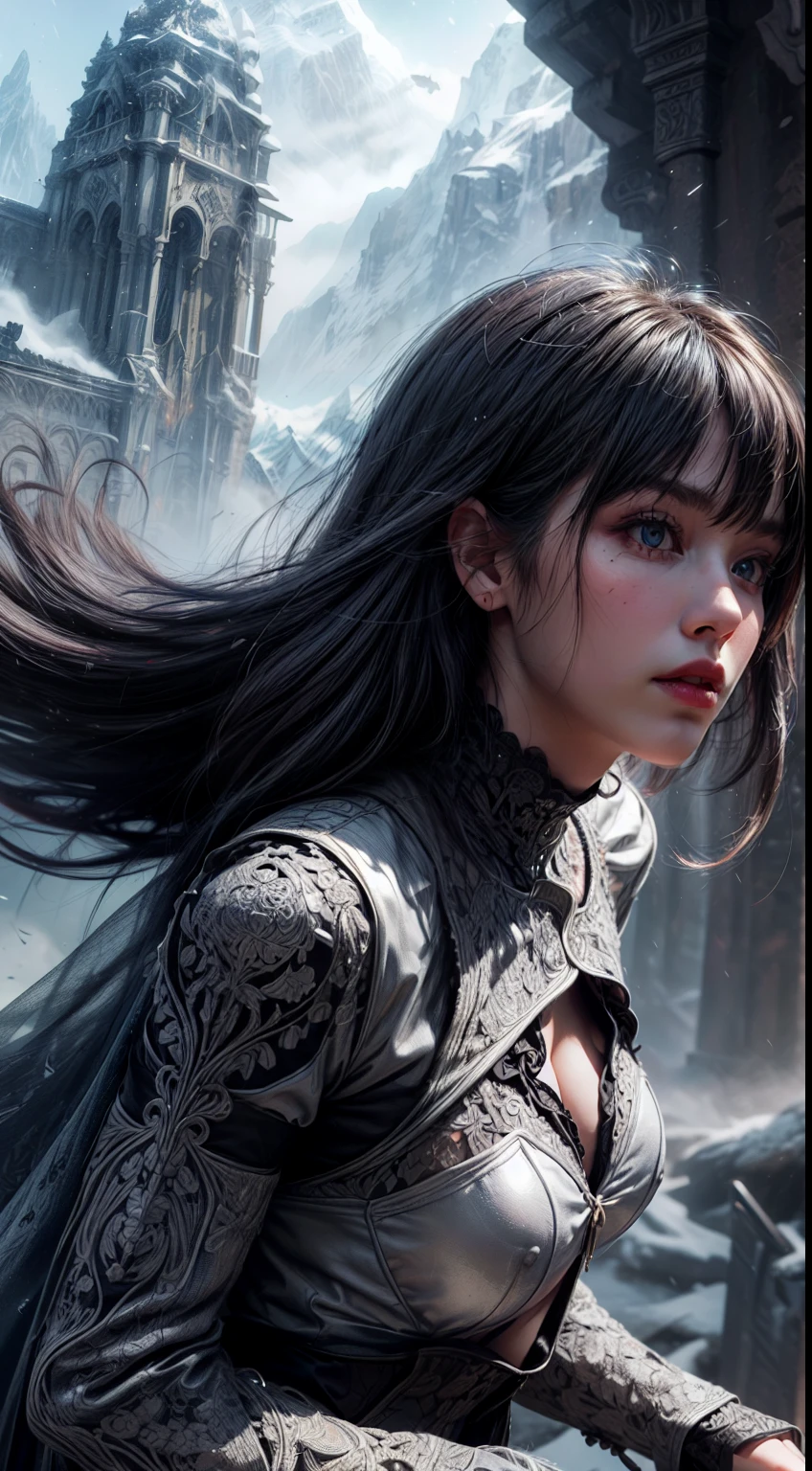 8k,Ultra Detailed, Masterpiece, Best Quality, (Very Detailed), Dynamic Angle, Mystic Emoji, Wind Effect, Fantasy Background, Edge Lighting, Cinematic Light, Ultra High Resolution, 8k Ultra HD, Film Grain, Best Shadow, Delicate, RAW, Light Particle, Detailed Skin Texture, (Fine and Intricate Armor Pattern:1.0), Detailed Face, Intricate Detail, Ultra Detail, Bright, Strong, Silver Armor, (Handheld Weapon), Slash, Slash Action, Palanquin, Glowing Eyes, Light Magic, Long Cloak, Fantasy, (Reality), Shoulder Armor, (Complex, Intricate: 2.0), Perfect Lighting, Looking at the Audience, Movie Lights, Flying in the Sky, Flying, Holy Light, Vivid, Bangs, Wind, Frozen Mountains, Long White Wave Hair, Lich Queen