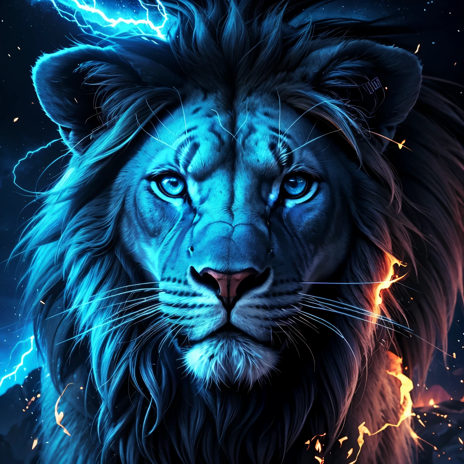Lion, Divine Lion, naturais, Blue Thunder, Realistic Lion, King, Detailed Realistic, Detailed Realistic 16K, Eletricidade Detalhada 8K, texturas Realistas 8K, Cores Fotorrealista 8K, Blue Fire, Detailed Realistic Fire Bolt, Black and Blue Power, Power Thunder, Divine Realistic, Natureza, Linda, Rendering, Fotorrealista, UltraHigh definition, 4K, texturasdetalhadas, thunder, sombras detalhadas, cores detalhadas, Azul Neon, Blue Light, Raios, Blue power, Natureza Linda, Grande Divino, Blue Light, Blue Thunders, Coroa Rei, Thunder Bolt, Bolt eletric Power, Detailed Realistic Black and Blue Lights, Detailed Realistic Lion 16K, Detailed Realistic Fire Power, Detailed Realistic Divine Lion, Detailed Realistic Face 8K, Nitidez Ultra Realista 16K, Texturas Ultra Detalhadas 8K, Natural Detailed Realistic 8K, Night, Night Sky, contraste detalhado, Contraste realista, high resolution, cores detalhadas, fogo, eletricidade, divina criatura, 8k, Realista detalhado, 16K, 8k, High definition, contraste detalhado, Contraste realista, high resolution, cores detalhadas, fogo, eletricidade, divina criatura, 8k, Realista detalhado, elegante,