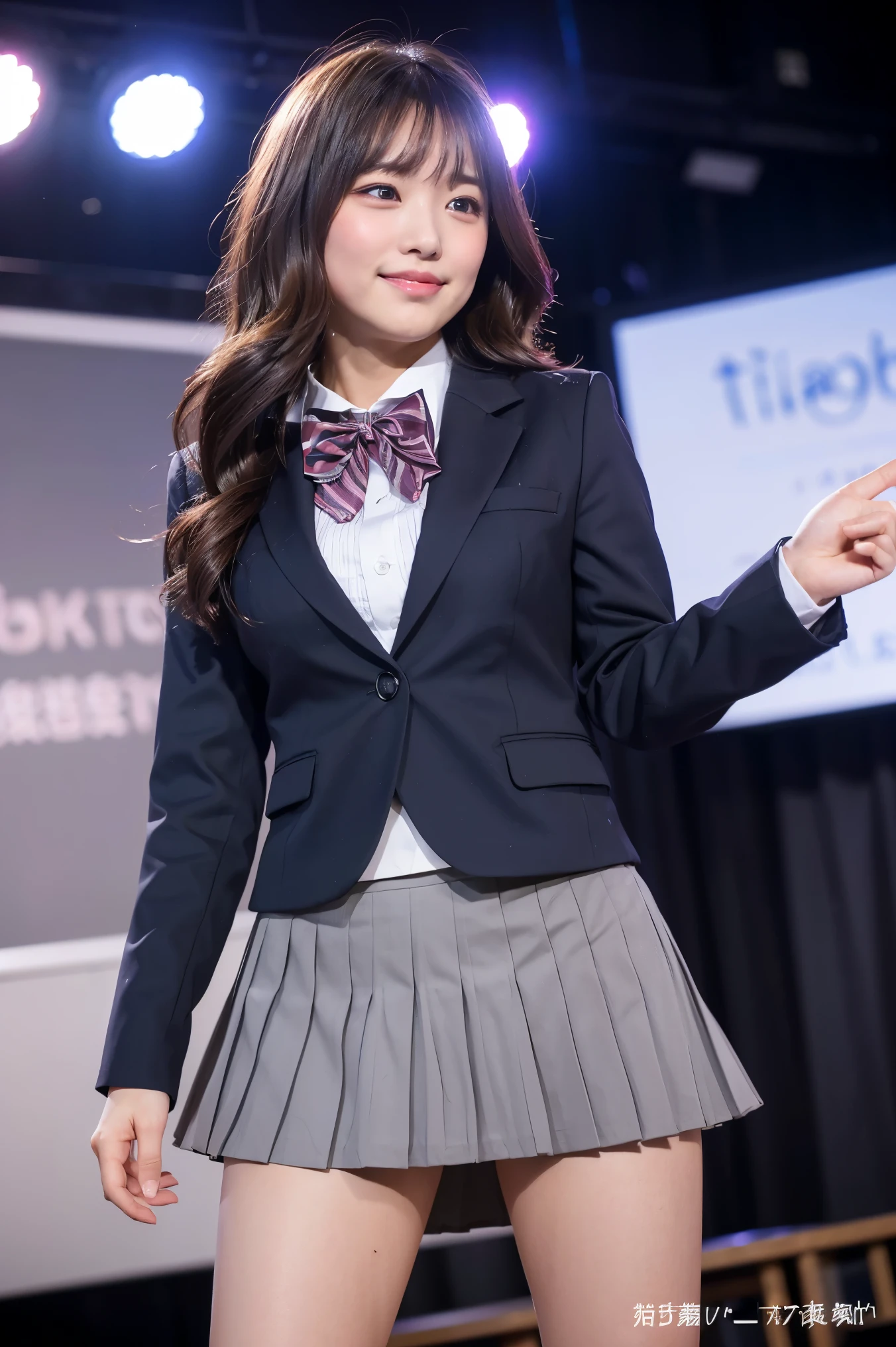 (8k), (highest quality: 1.2), (Realistic), (Realistic: 1.37), Ultra-high resolution, 1 girl, cute, (A shy smile:1.2), (Blushing:1.4)Mouth closed, Beautiful details, Beautiful Nose, Giant Dulcefo, pork, Thighs,Navel exposed,University uniform,A bow tie,(A simple dark brown blazer),(太いThighs),(Grey pleated skirt:1.4),Dancing on the school stage,(光沢のThighs:1.3),Medium Shot,(光沢のThighsにクローズアップ:1.2),(Low - Angle:1.2)