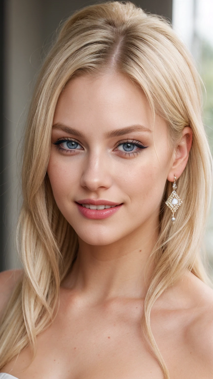 an eye contact of a blond, blue eyes and georgous lipps, looking sexy, horny, dezent make up, beautiful hair, smiling, showing teeth, brown strikes in hair, dezent red lips, pony tail
