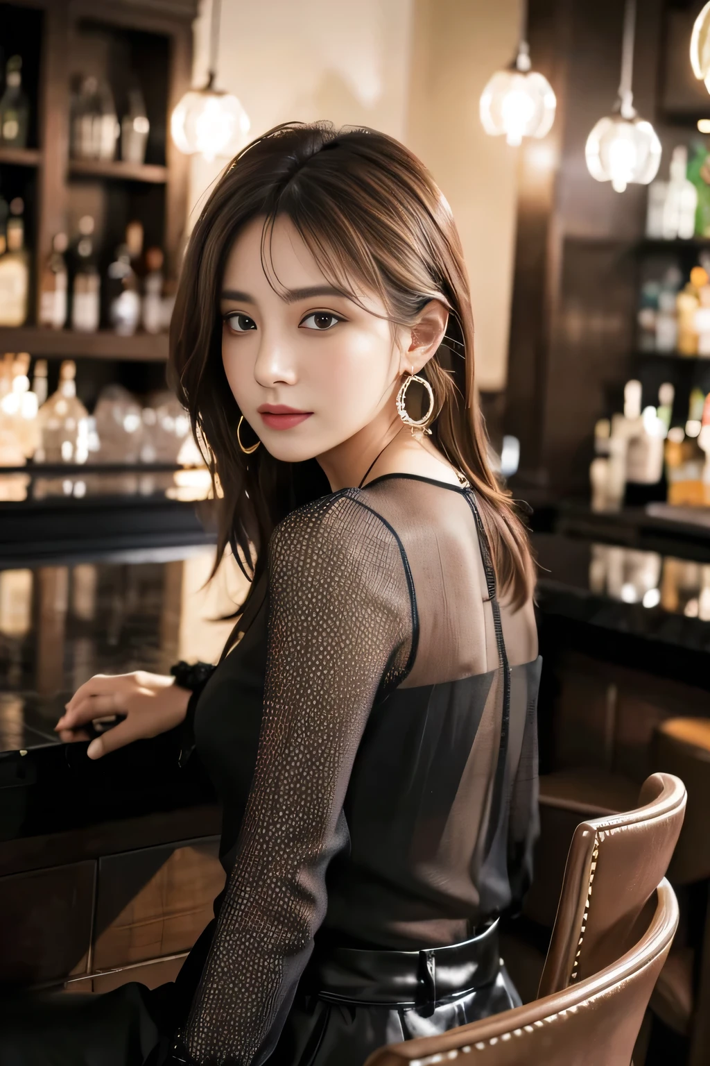 masterpiece, highest quality, Realistic, Very detailed, Finer details, High resolution, 8k wallpaper, One beautiful woman, Wear a black see-through blouse, Great bar counter, At night, Light brown messy hair, Perfect dynamic composition, Beautiful and beautiful eyes、Big earrings、Sitting in a chair、Back view