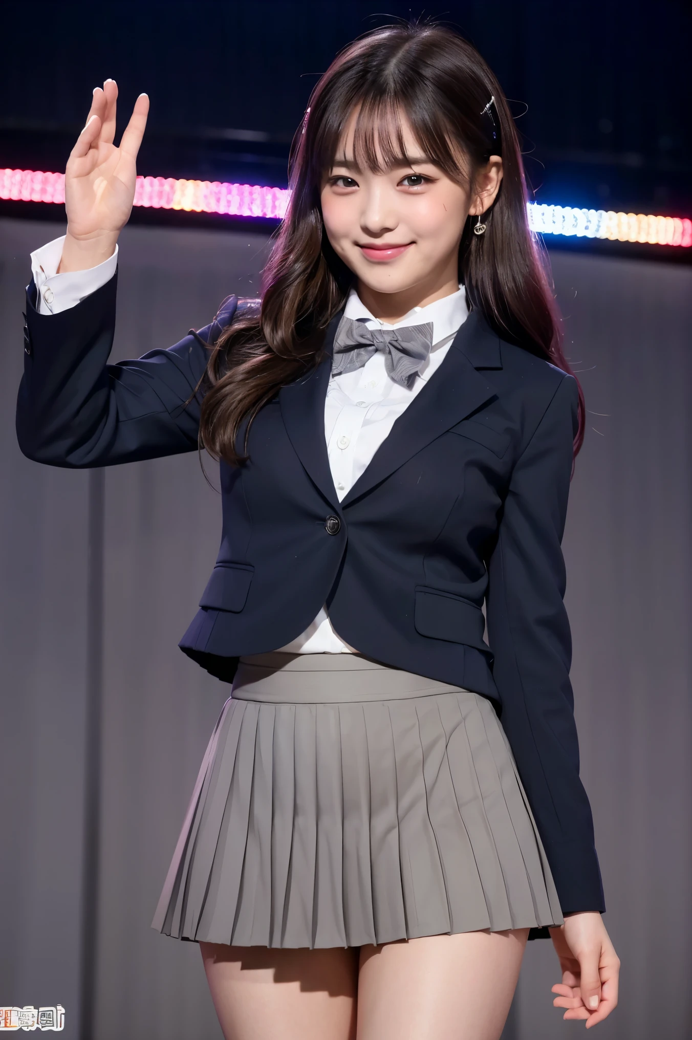 (8k), (highest quality: 1.2), (Realistic), (Realistic: 1.37), Ultra-high resolution, 1 girl, cute, (A shy smile:1.2), (Blushing:1.4)Mouth closed, Beautiful details, Beautiful Nose, Giant Dulcefo, pork, Thighs,Navel exposed,University uniform,A bow tie,(A simple dark brown blazer),(太いThighs),(Grey pleated skirt:1.4),Dancing on the school stage,(光沢のThighs:1.3),Medium Shot,(光沢のThighsにクローズアップ:1.2),(Super Low Angle:1.2)