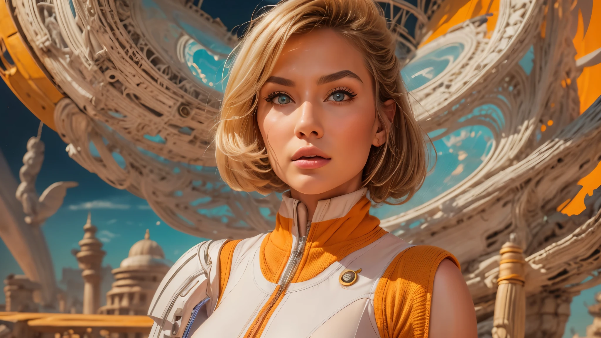 arafed image of a white woman in a futuristic suit with a spaceship in the background, movie art, in front of an orange background, inspired by Robert McGinnis, female protagonist, megastructure in the background, portrait of an ai astronaut, astronauts, an astronaut, portrait of a astronaut skeletor, perfect android girl, detailed eyes, perfectly detailed teeth, frank franzzeta and sakimichan  