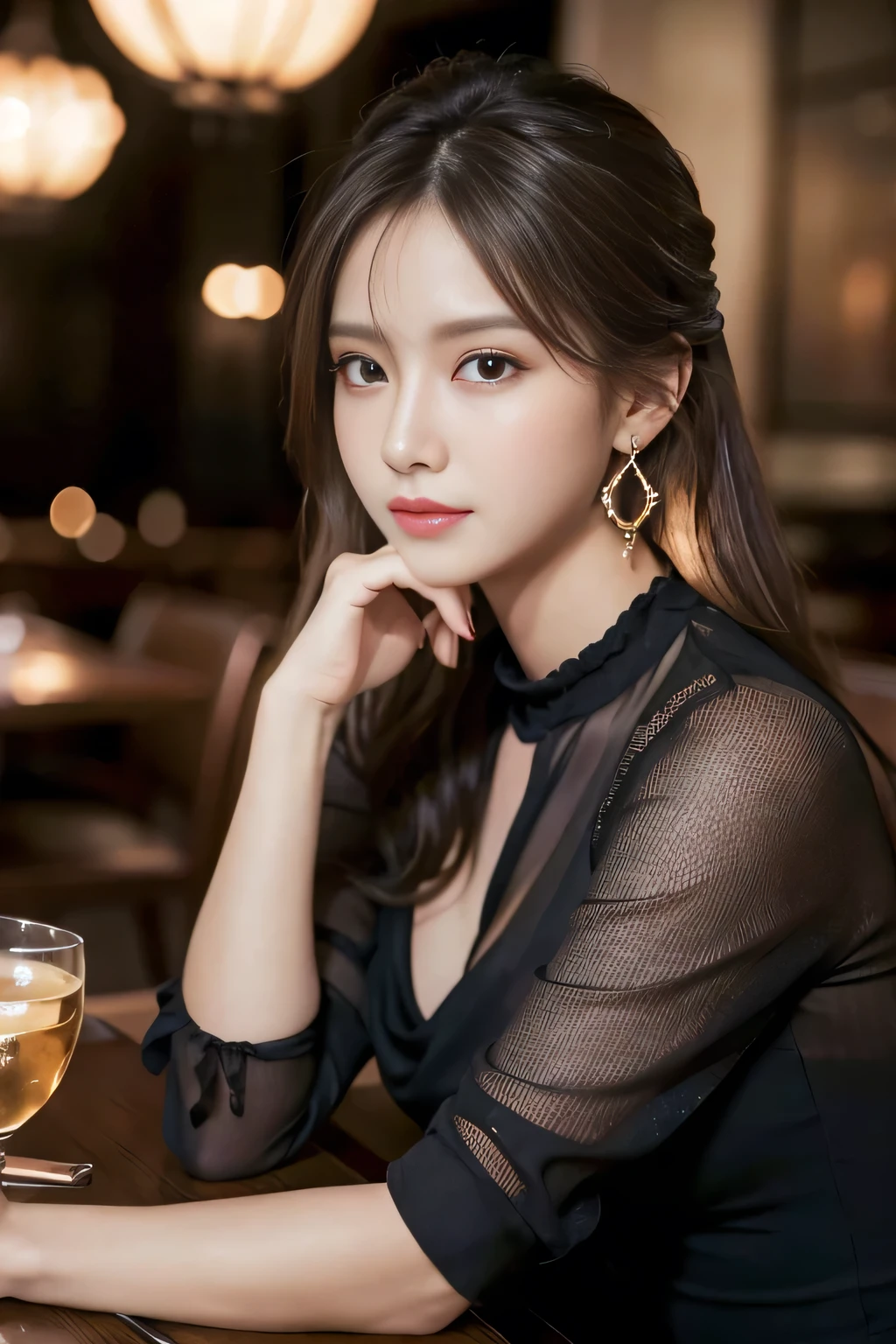 masterpiece, highest quality, Realistic, Very detailed, Finer details, High resolution, 8k wallpaper, One beautiful woman, Wear a black see-through blouse, In a great restaurant, At night, Light brown messy hair, Perfect dynamic composition, Beautiful and beautiful eyes、Big earrings、Sitting in a chair、