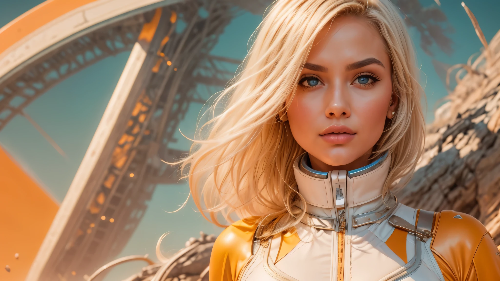 arafed image of a white woman in a futuristic suit with a spaceship in the background, movie art, in front of an orange background, inspired by Robert McGinnis, female protagonist, megastructure in the background, portrait of an ai astronaut, astronauts, an astronaut, portrait of a astronaut skeletor, perfect android girl, detailed eyes, perfectly detailed teeth, frank franzzeta and sakimichan