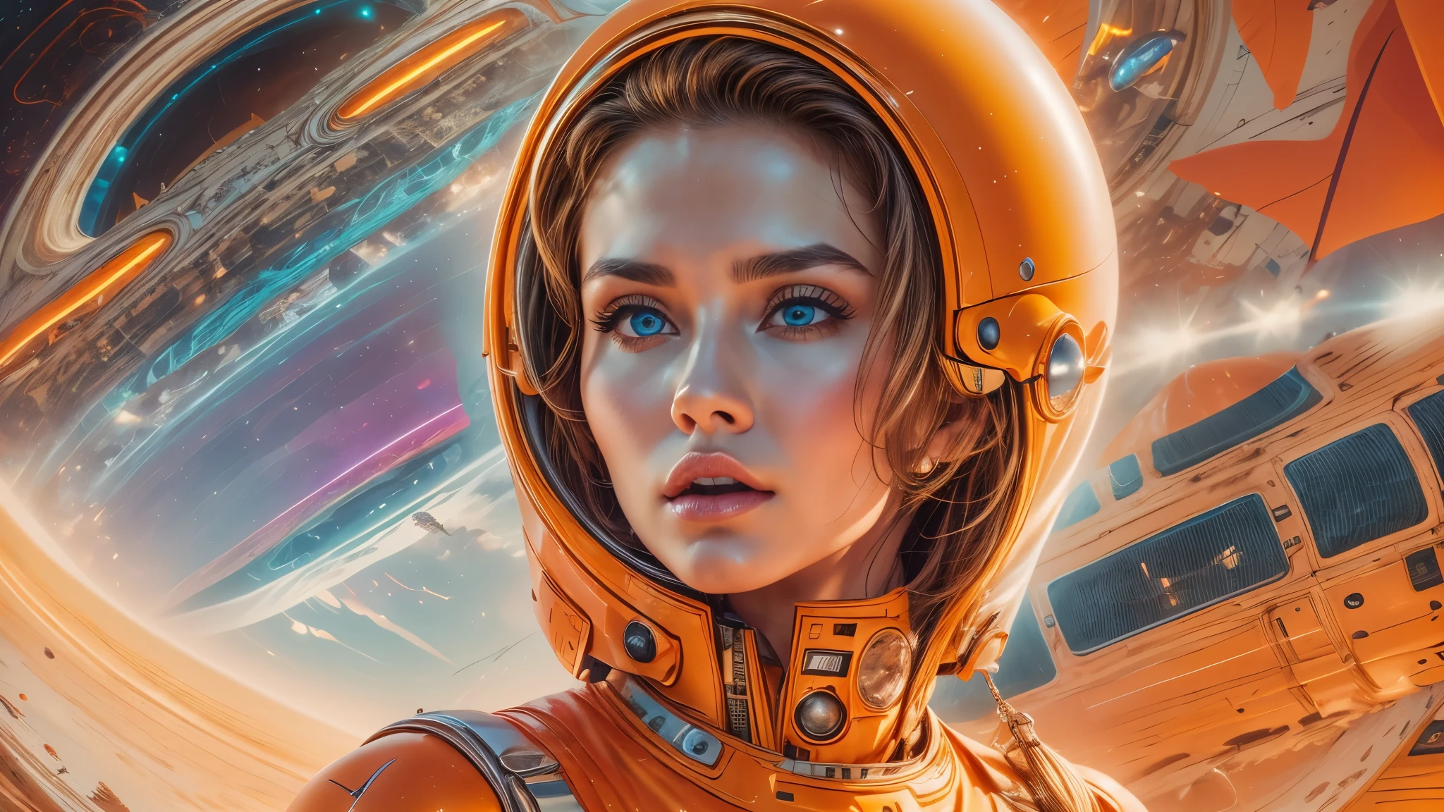 arafed image of a white woman in a futuristic suit with a spaceship in the background, movie art, in front of an orange background, inspired by Robert McGinnis, female protagonist, megastructure in the background, portrait of an ai astronaut, astronauts, an astronaut, portrait of a astronaut skeletor, perfect android girl, detailed eyes, perfectly detailed teeth, frank franzzeta and sakimichan