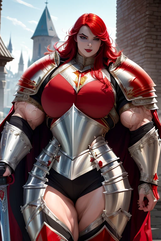 ((((Massive, tall, beautiful, buff, muscular pale white skinned asian female knight with red hair, black lipstick, ginormous bulky muscles, holding a sword and shield and wearing an all red gleaming knight armor with hauberk and pants)))), {close view}, black eyeliner, massive muscles, massive biceps, hyper muscle triceps, (long hair), yellow eyes, knight boots, In a castle, hauberk, red steel knight armor, armor breastplate, nighttime, confident smile, hyper muscles arms, hyper muscle legs, ginormous arms