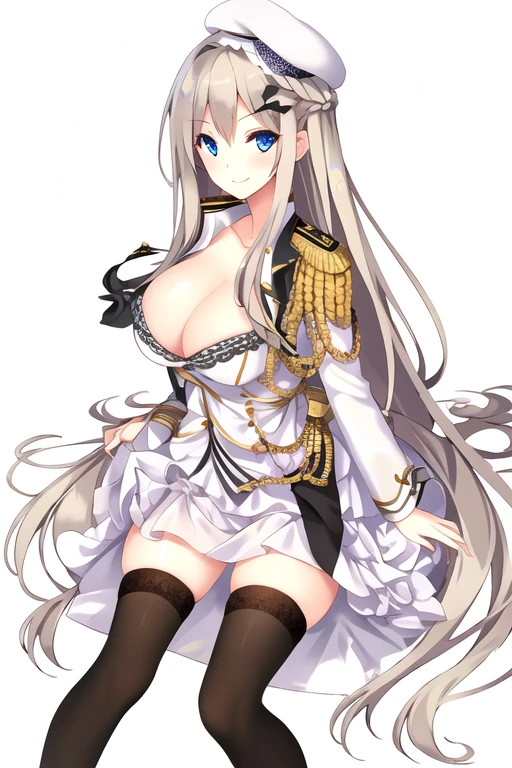 ((masterpiece)), (((best quality))), ((ultra-detailed)), ((illustration)), ((disheveled hair)), ((frills)), (1 girl), (solo)，1girl，black legwear, blonde hair, blue eyes, blush, breasts, clavicle, cleavage, closed mouth, clothing, eyebrows visible through hair, female, headwear, large breasts, legwear, long hair, looking at viewer, smile, thighhighs, white beret, white headwear, military,white military uniform, white naval uniform,