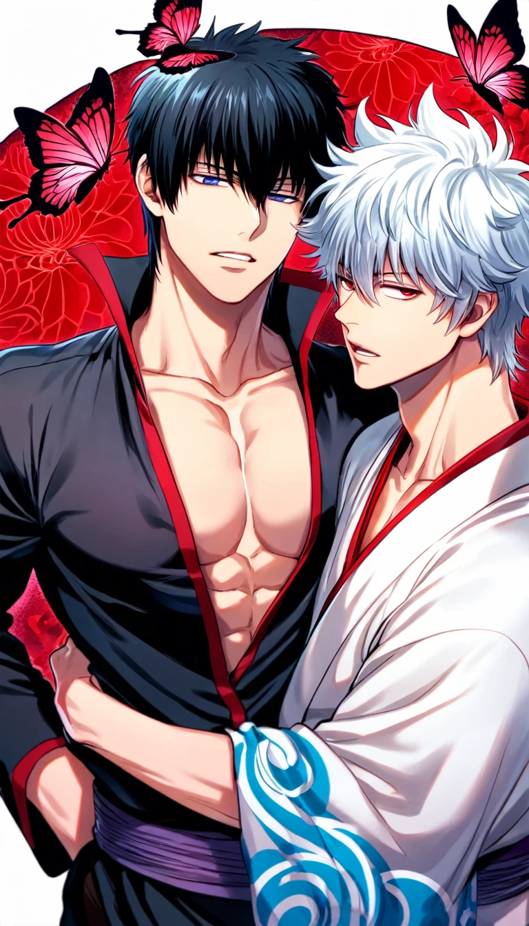 absurdres, highres, ultra detailed, HDR, master piece, best quality, perfect face, Sakata Gintoki, white hair, expressive red eyes, Gintama, Hijikata Toshiro, black hair, expressive dark blue eyes, two men together, gay couple, yaoi, handsome, toned chest, white kimono, black kimono, patterns, magical, fantasy, red background, red lotus, shining, red petals, red glittering butterflies