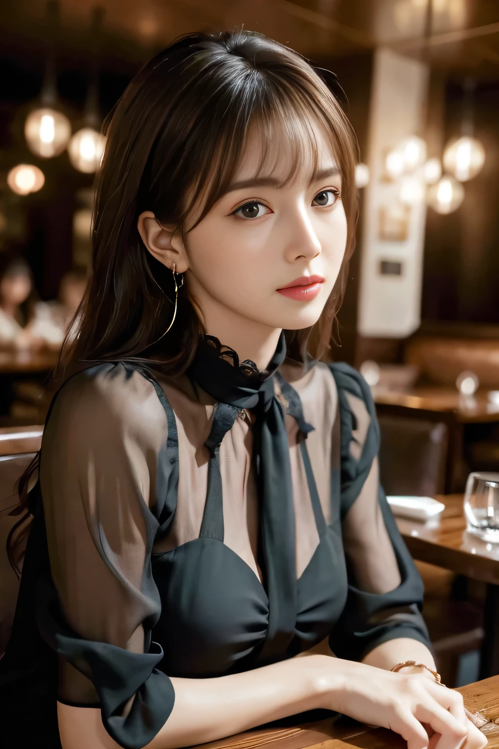 masterpiece, highest quality, Realistic, Very detailed, Finer details, High resolution, 8k wallpaper, One beautiful woman, Wear a black see-through blouse, In a great restaurant, At night, Light brown messy hair, Perfect dynamic composition, Beautiful and beautiful eyes、Big earrings、Sitting in a chair、