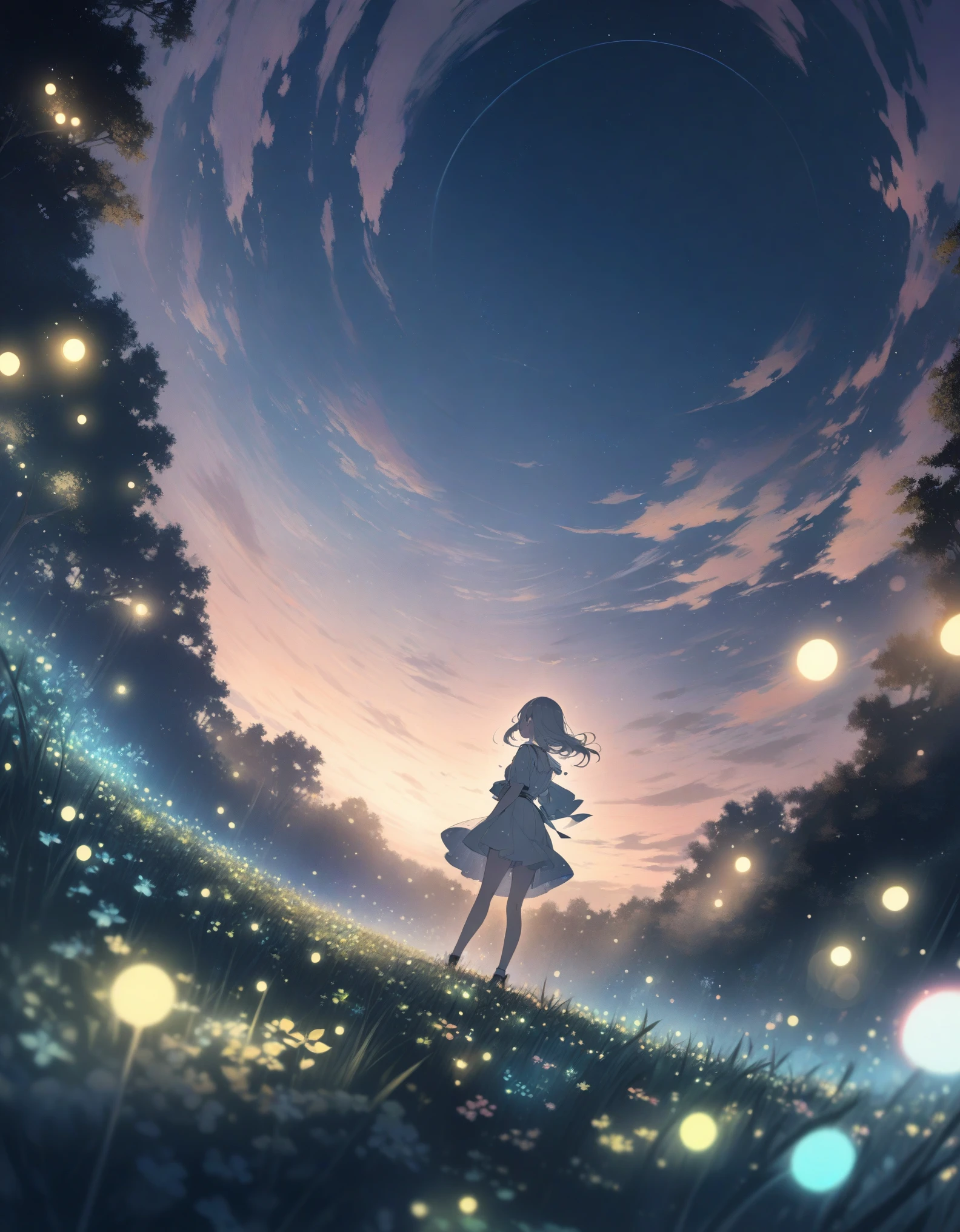 ((style:Colored pencil,pale colour)),(anime)、(masterpiece:1.2),atmospheric perspective,lens flare,One Girl, Wide viewing angles, Firefly Garden, There are lots of little faint lights and fireflies flying around