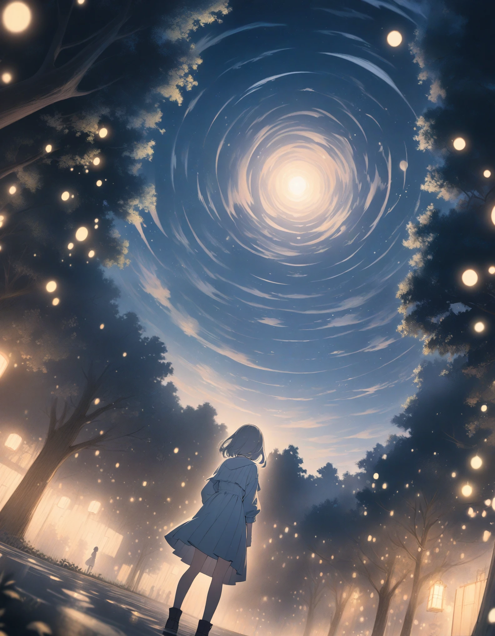 ((style:Colored pencil,pale colour)),(anime)、(masterpiece:1.2),atmospheric perspective,lens flare,One Girl, Wide viewing angles, Firefly Garden, There are lots of little faint lights and fireflies flying around