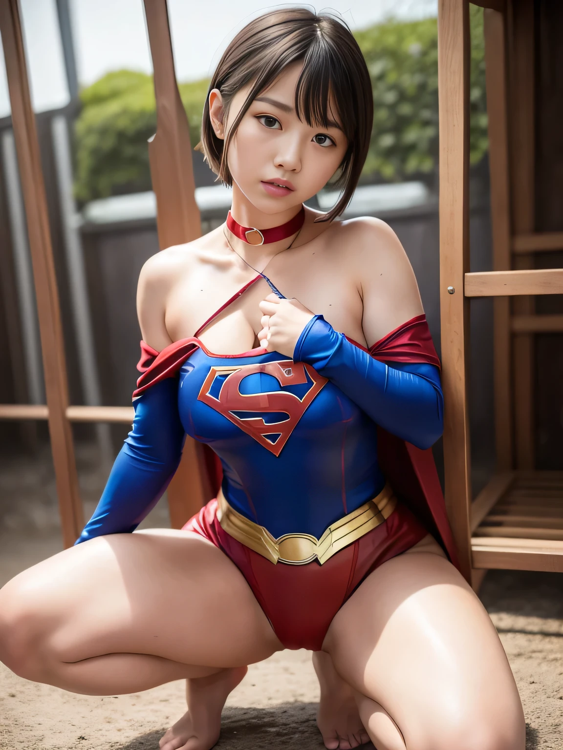 masterpiece、Supergirl Costume、short hair、barefoot、Big and ample breasts、Crisis situation、Complete surrender、Dilapidated prison camp、Poor environment、In the cage、Abused、Humiliating、squat、shiny sweaty skin、looking at the camera、choker、Long sleeve、Sexy poses to seduce、Off the shoulder、latex、Weekly magazine cover style、from right in front、