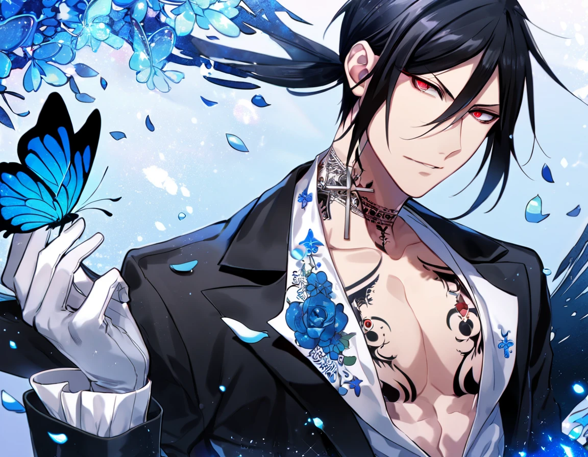 Ultra detailed, Highres, absurdres, HDR, Sebastian Michaelis, black hair, expressive red eyes, black coat with patterns, Kuroshitsuji, blue flowers, petals, handsome, sexy man, solo, very detailed eyes and face, glittering blue butterflies, master piece, toned chest, glittering, fantasy, cross, tattoo on his neck, blue background, blue flames, Black Butler, black pants, white gloves,