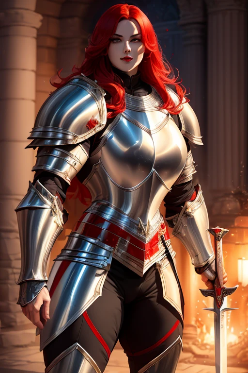 ((((Massive, tall, beautiful, buff, muscular pale white skinned asian female knight with red hair, black lipstick, ginormous bulky muscles, holding a sword and shield and wearing an all red gleaming knight armor with hauberk and pants)))), {close view}, black eyeliner, massive muscles, massive biceps, hyper muscle triceps, (long hair), yellow eyes, knight boots, In a castle, hauberk, red steel knight armor, armor breastplate, nighttime, confident smile, hyper muscles arms, hyper muscle legs, ginormous arms