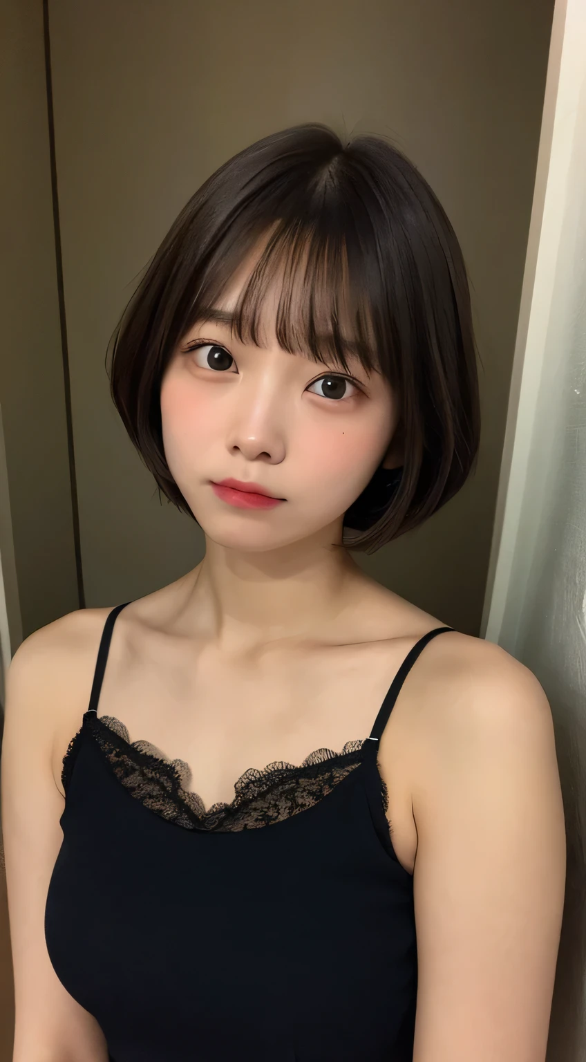 Lace camisole、Very dark room、bed、Embarrassed face、Short hair with bangs