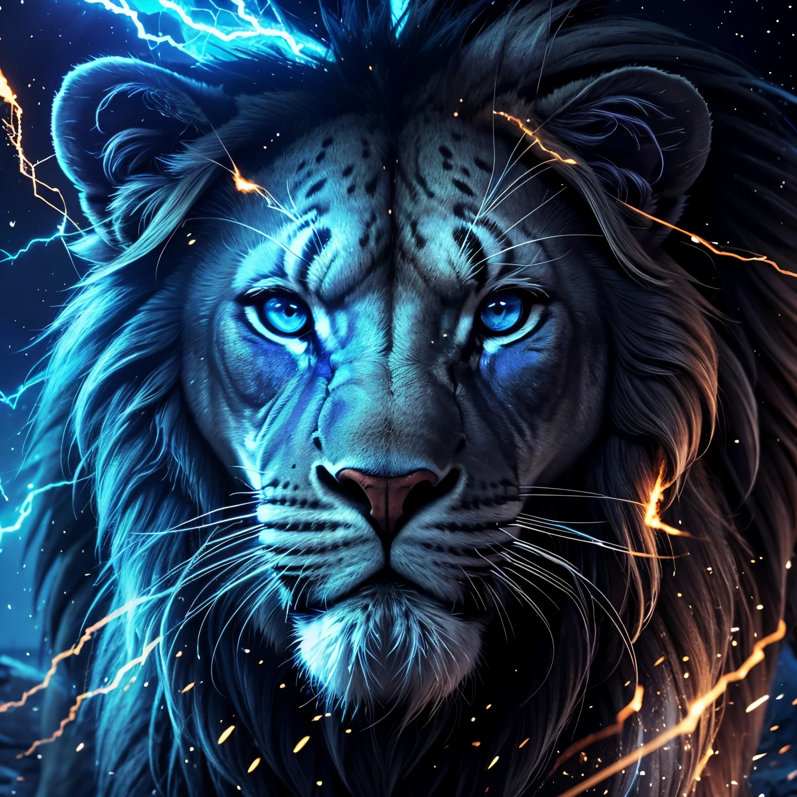 Lion, Divine Lion, naturais, Blue Thunder, Realistic Lion, King, Detailed Realistic, Detailed Realistic 16K, Eletricidade Detalhada 8K, texturas Realistas 8K, Cores Fotorrealista 8K, Blue Fire, Detailed Realistic Fire Bolt, Black and Blue Power, Power Thunder, Divine Realistic, Natureza, Linda, Rendering, Fotorrealista, UltraHigh definition, 4K, texturasdetalhadas, thunder, sombras detalhadas, cores detalhadas, Azul Neon, Blue Light, Raios, Blue power, Natureza Linda, Grande Divino, Blue Light, Blue Thunders, Coroa Rei, Thunder Bolt, Bolt eletric Power, Detailed Realistic Black and Blue Lights, Detailed Realistic Lion 16K, Detailed Realistic Fire Power, Detailed Realistic Divine Lion, Detailed Realistic Face 8K, Nitidez Ultra Realista 16K, Texturas Ultra Detalhadas 8K, Natural Detailed Realistic 8K, Night, Night Sky, contraste detalhado, Contraste realista, high resolution, cores detalhadas, fogo, eletricidade, divina criatura, 8k, Realista detalhado, 16K, 8k, High definition, contraste detalhado, Contraste realista, high resolution, cores detalhadas, fogo, eletricidade, divina criatura, 8k, Realista detalhado, elegante,