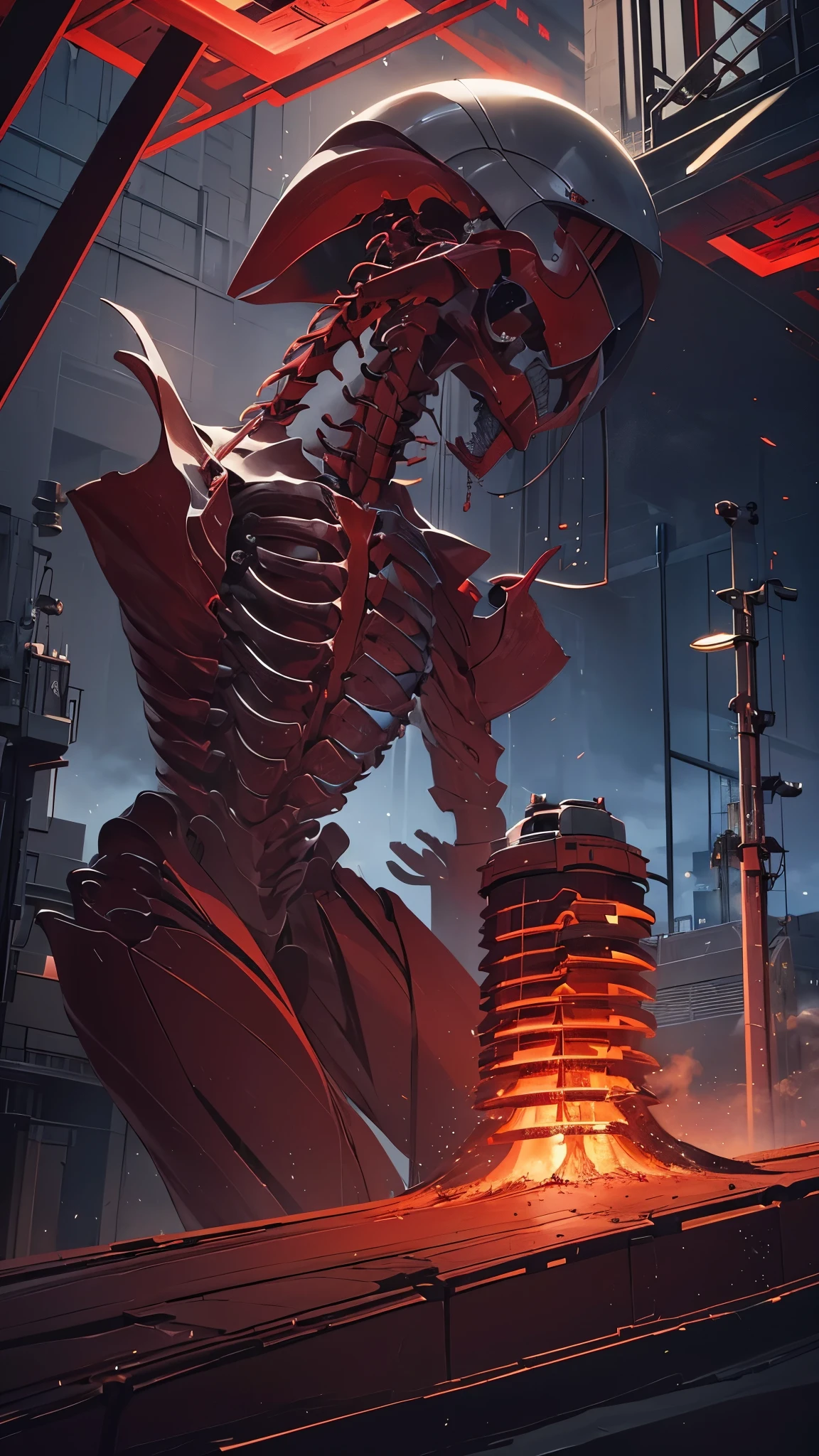 ((8K resolution))、((highest quality))、((masterpiece))、((Very detailed))((((dramatic))), (Anatomically correct)、The depth of the object to write、Looking at the camera、front、(Giant、Mechanical bones格、Mechanical boneechanical Cervical Vertebra、Red light turbine core、Bloody)、spooky、an ominous、((theme、whole body:1.1)), SF、Biomechanics、Design、background:Maintenance Dock