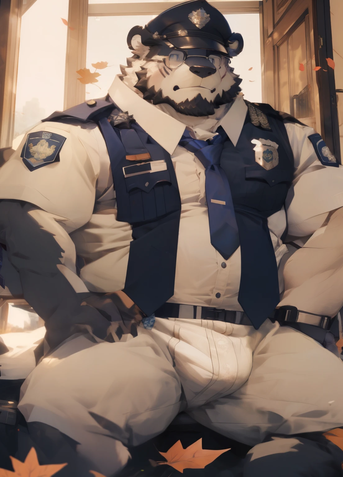 (masterpiece),(Very detailed),(best quality),hairy,Polar Bear,White fur,Light blue pupils,black beard,muscular,Black-rimmed glasses,(cap:1.2),((black:1.3,tie:1.4)),(((unbutton your clothes))),(((White briefs))),(Blushing shy:1.1),(In the bedroom,Fallen leaves drift in from the window,ground,躺在ground上),(Very detailed),8K,(super high quality)