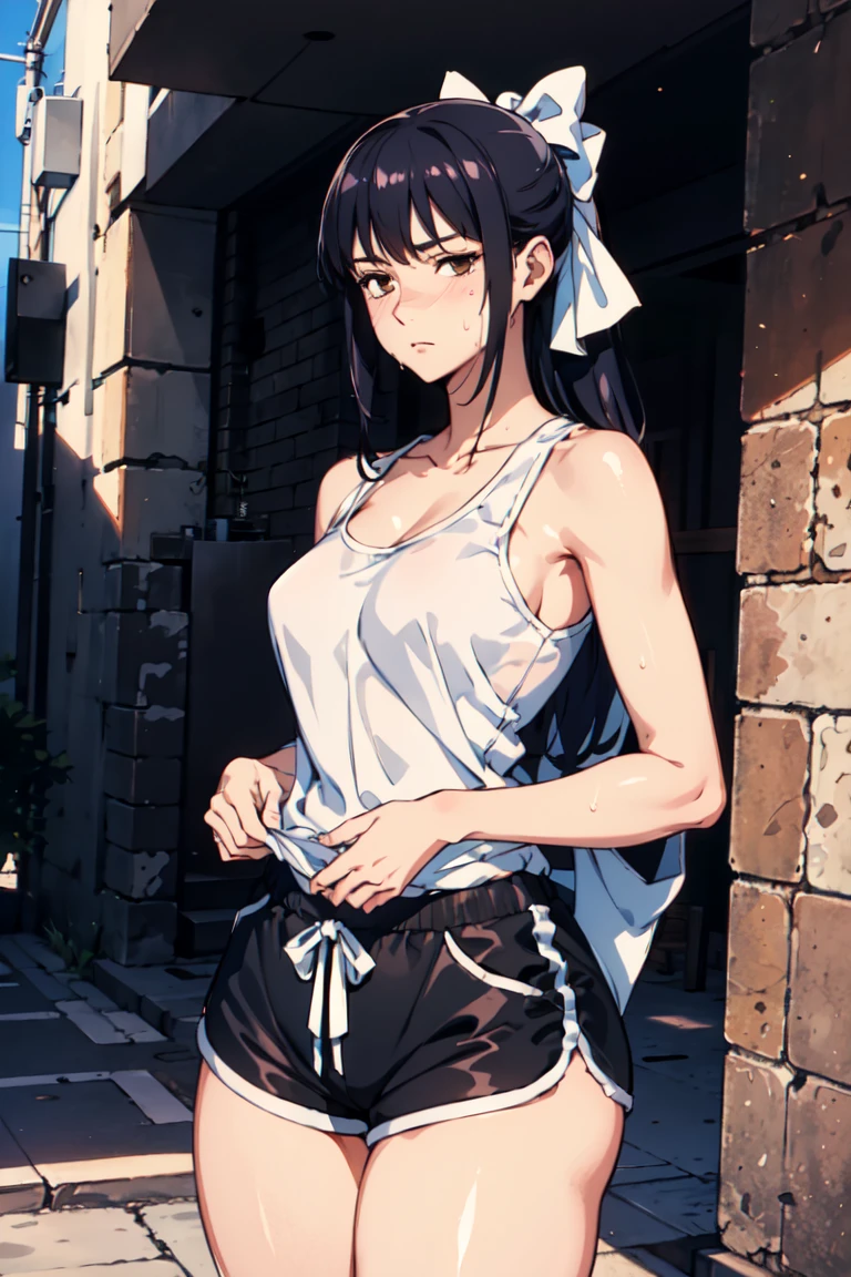 (extremely detailed CG unity 8k wallpaper),(masterpiece),(best quality),(ultra-detailed),(best illustration),(best shadow),(absurdres),  Iori, 1girl, solo, tanktop, brown eyes, looking at viewer, long hair, sweatdrop, closed mouth, ponytail, bow, kimono, black hair, hair bow, white kimono, scar, miko, upper body, white bow, blue hair, bangs, parody, ribbon, sweat, outdoors, white ribbon, sidelocks, hair ribbon, scar on face, black background, dolfine shorts, booty shorts, black tanktop, collarbone, bare shoulders,36 year old woman, medium breasts, wide hips, thick thighs, long torso, tall