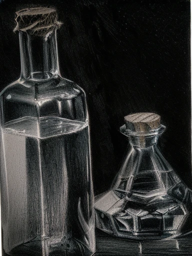 drawing of a bottle and a glass on a table, chiaroscuro painting, light charcoal drawing, bottles, black and white charcoal sketch, on black paper, on dark paper, charcoal line art, charcoal art, charcoal drawing, detailed charcoal sketch, charcoal sketch, by Eugeniusz Zak, a charcoal drawing, pencil and vine charcoal drawing