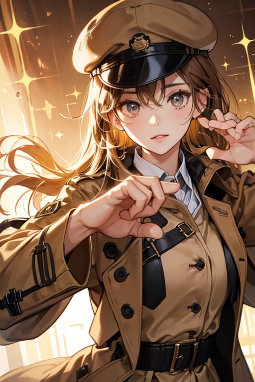 Anpan Detective wears a long brown trench coat and a brown hunting cap that has holes to allow her ears to pop out at the top. SPARKLE; GLITTER