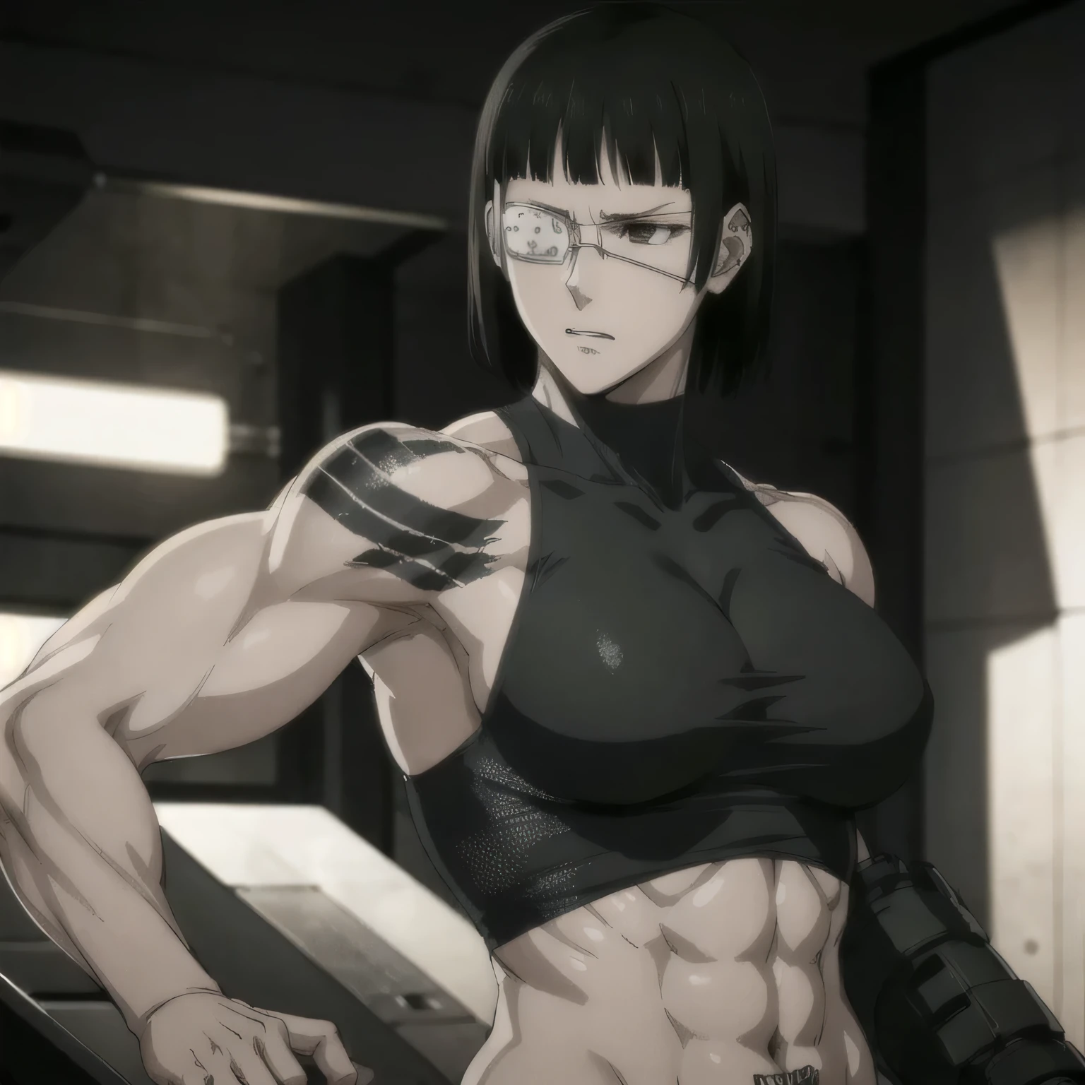 (best quality,ultra-detailed,realistic:1.37), military, muscular girl with sculpted body wearing a tank top, beautiful tattoo on girl's shoulder, full review of the female character's face and body, intense expression, strong and confident posture, studio lighting, vivid colors, physiologically-based rendering, grungy texture, rugged background, dust particles in the air, commanding presence, professional, powerful, gritty aesthetics,six-pack,Valmet with her muscles body,eye patch,short hair,