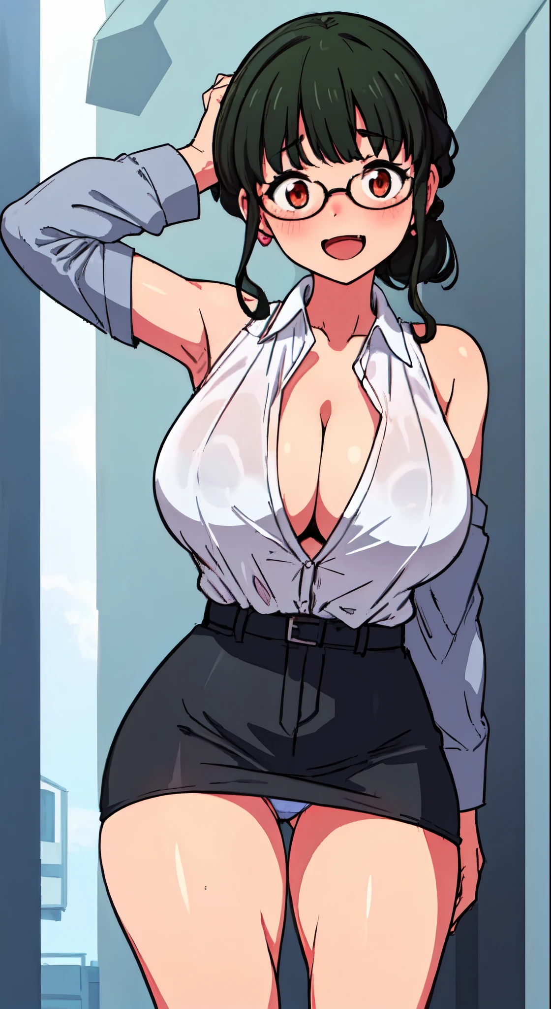 , ((High resolution)),masterpiece, high quality, 最high quality, beautiful, Perfect lighting, Detailed face, Very cute face, ((1 girl)), ((alone), Short black hair, Red eyes, Embarrassed look, ((blush)), Looking at the audience、:d、Hands behind head、Both armpits, Standing in the city, Daytime, Sleeveless Dress Shirt, Pencil Skirt, (Tight clothing), (Chubby), (Thigh height), (Wide Hips), ((Thick thighs))、Skirt Lift、Light blue panties、Huge breasts,Cleavage, Firm breasts, 24-year-old female、(((Spread your legs)))、Glasses