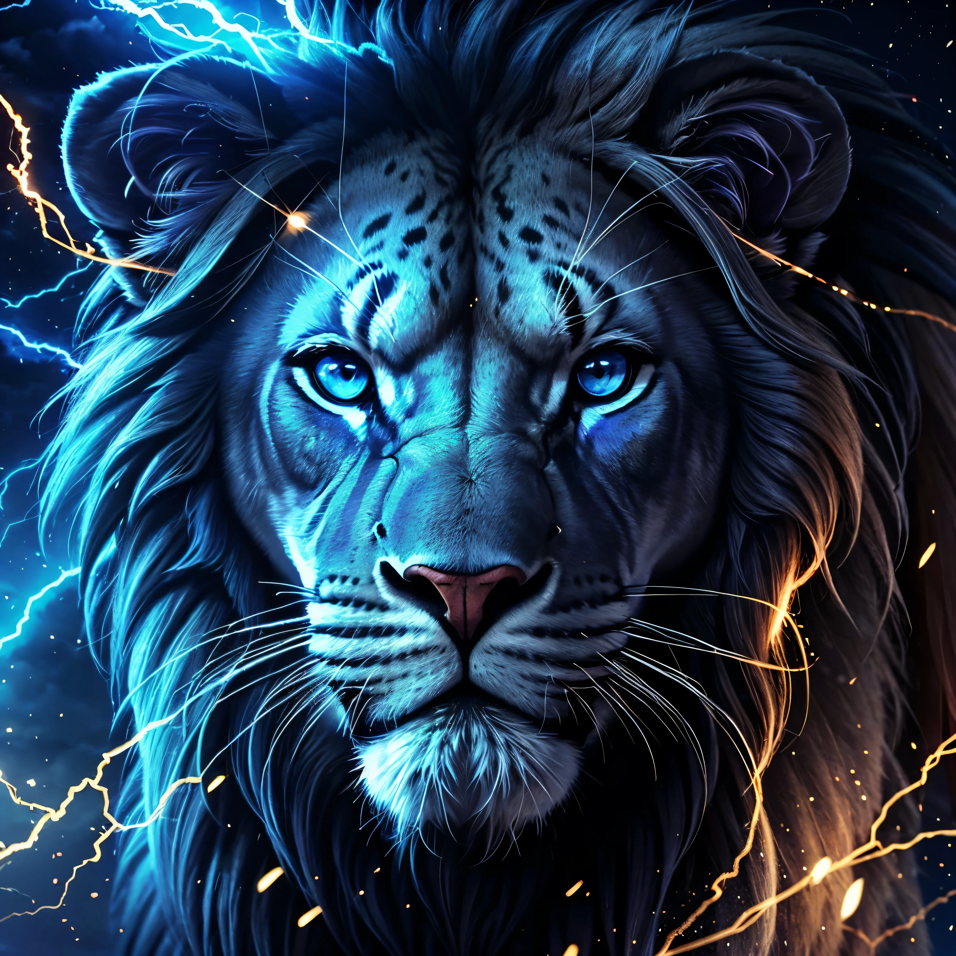 Lion, Divine Lion, naturais, Blue Thunder, Realistic Lion, King, Detailed Realistic, Detailed Realistic 16K, Eletricidade Detalhada 8K, texturas Realistas 8K, Cores Fotorrealista 8K, Blue Fire, Detailed Realistic Fire Bolt, Black and Blue Power, Power Thunder, Divine Realistic, Natureza, Linda, Rendering, Fotorrealista, UltraHigh definition, 4K, texturasdetalhadas, thunder, sombras detalhadas, cores detalhadas, Azul Neon, Blue Light, Raios, Blue power, Natureza Linda, Grande Divino, Blue Light, Blue Thunders, Coroa Rei, Thunder Bolt, Bolt eletric Power, Detailed Realistic Black and Blue Lights, Detailed Realistic Lion 16K, Detailed Realistic Fire Power, Detailed Realistic Divine Lion, Detailed Realistic Face 8K, Nitidez Ultra Realista 16K, Texturas Ultra Detalhadas 8K, Natural Detailed Realistic 8K, Night, Night Sky, contraste detalhado, Contraste realista, high resolution, cores detalhadas, fogo, eletricidade, divina criatura, 8k, Realista detalhado, 16K, 8k, High definition, contraste detalhado, Contraste realista, high resolution, cores detalhadas, fogo, eletricidade, divina criatura, 8k, Realista detalhado, elegante,
