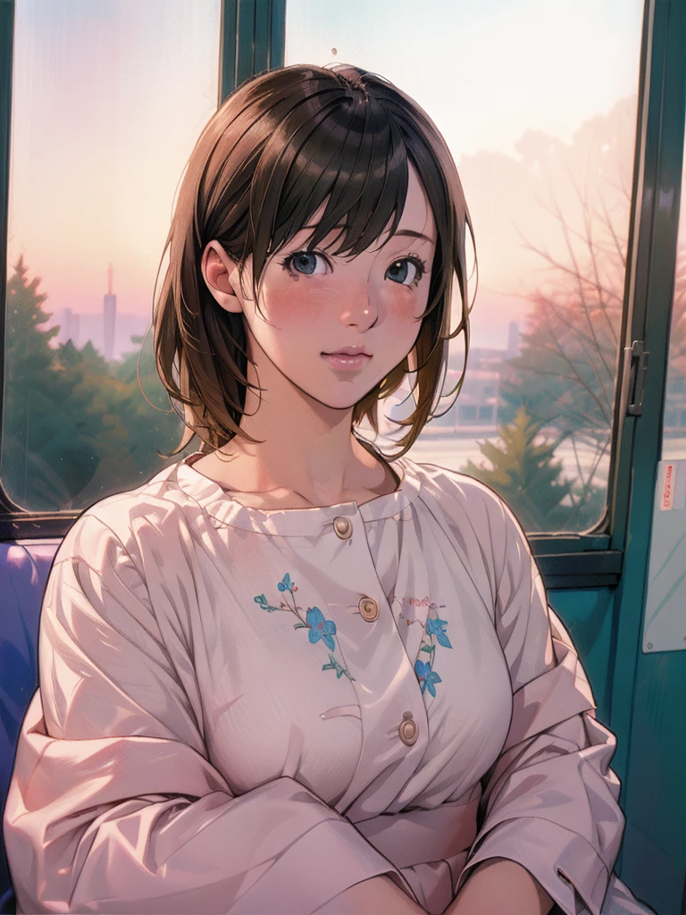 1girl on a train looking out the window, detailed anime portrait, lofi portrait at a window, beautiful anime girl, lofi portrait, lofi girl, anime girl portrait, gwyneth poe style artwork, high quality portrait, sunset, charming anime girl, cute anime girl, realistic cute girl illustration, anime style, (best quality,4k,8k,highres,masterpiece:1.2),ultra-detailed,(realistic,photorealistic,photo-realistic:1.37),HDR,UHD,studio lighting,ultra-fine painting,sharp focus,physically-based rendering,extreme detail description,professional,vivid colors,bokeh