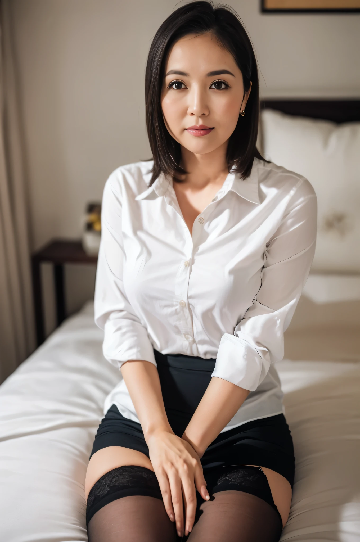 ​((masterpiece, Better Quality, hight resolution, Photorealsitic:1.4, Raw photography, high quality image)), ((portrait:1.2)), 1Milf sitting on bedside, (wearing white short callored shirts, wearing black pencil skirt, black stocking), curvy shape:0.5, very detailed and professional lighting, (cute facial expressions),