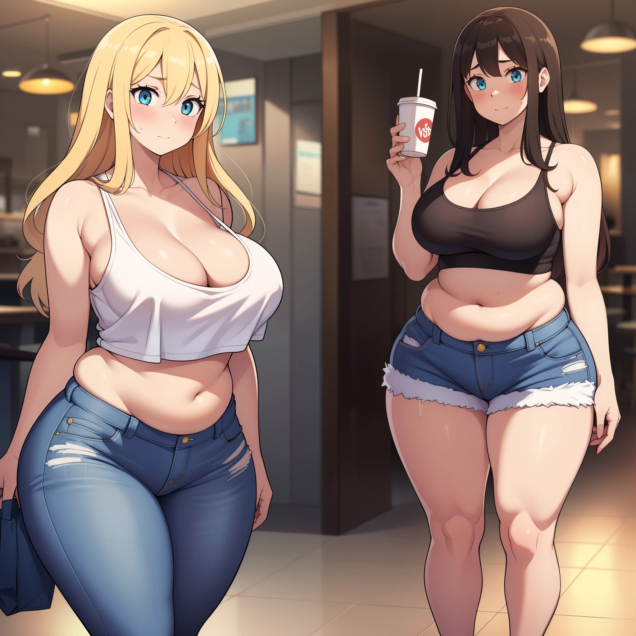 ((highres)), Masterpiece, high quality, best quality, beautiful, perfect lighting, detailed face, ultra cute face, ((2girls)), ((blush)), embarrassed, one girl has blonde hair, blue eyes, crop top and shorts, skindentation, one girl has brown hair, green eyes, jeans, white shirt, tight clothes, one girl has, full body, fast food restaurant, cleavage, medium breasts, ((wide hips)), (thick thighs), ((plump)), pudgy belly, fat folds, standing,