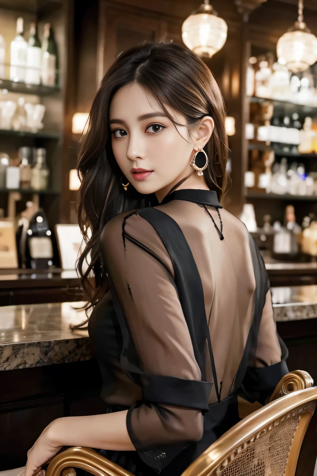 masterpiece, highest quality, Realistic, Very detailed, Finer details, High resolution, 8k wallpaper, One beautiful woman, Wear a black see-through blouse, Great bar counter, At night, Light brown messy hair, Perfect dynamic composition, Beautiful and beautiful eyes、Big earrings、Sitting in a chair、Back view