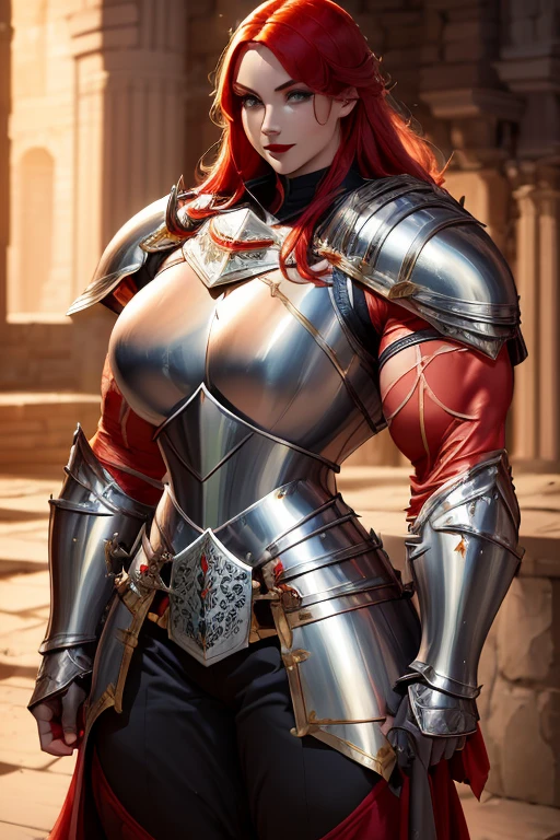 ((((Massive, tall, beautiful, buff, muscular pale white skinned asian female knight with red hair, black lipstick, ginormous bulky muscles, holding a sword and shield and wearing an all red gleaming knight armor with hauberk and pants)))), {close view}, black eyeliner, massive muscles, massive biceps, hyper muscle triceps, (long hair), yellow eyes, knight boots, In a castle, hauberk, red steel knight armor, armor breastplate, nighttime, confident smile, hyper muscles arms, hyper muscle legs, ginormous arms