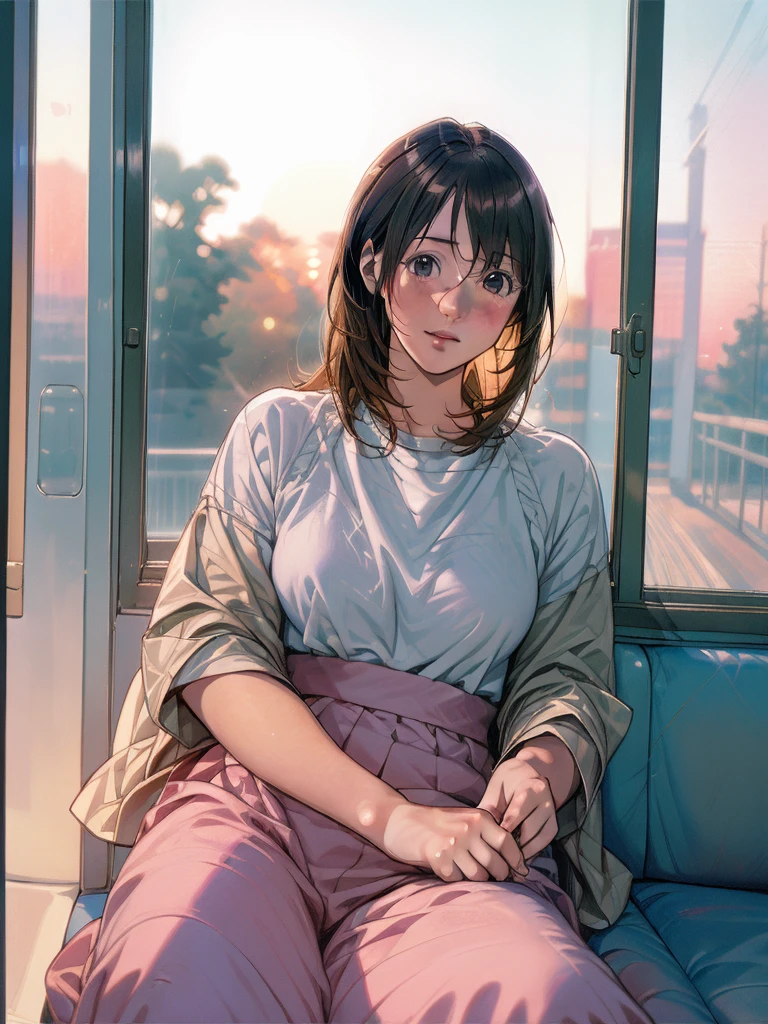 1girl on a train looking out the window, detailed anime portrait, lofi portrait at a window, beautiful anime girl, lofi portrait, lofi girl, anime girl portrait, gwyneth poe style artwork, high quality portrait, sunset, charming anime girl, cute anime girl, realistic cute girl illustration, anime style, (best quality,4k,8k,highres,masterpiece:1.2),ultra-detailed,(realistic,photorealistic,photo-realistic:1.37),HDR,UHD,studio lighting,ultra-fine painting,sharp focus,physically-based rendering,extreme detail description,professional,vivid colors,bokeh