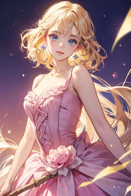 Antoinetchi has a pale face with sparkly, light blue eyes. She has curly blonde hair and wears a pink ballgown. She has stick-like arms. SPARKLE; GLITTER