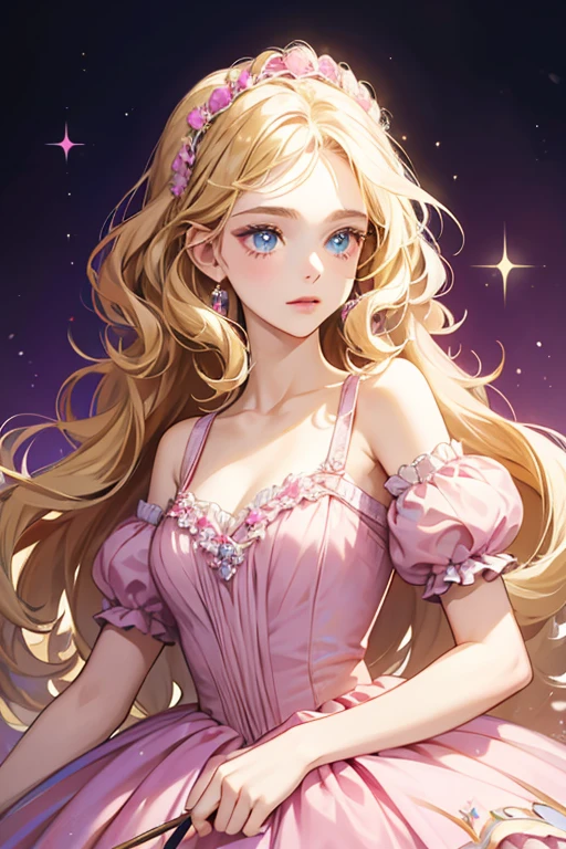 A surreal hyper-stylized portrait of an ethereal gyaru goddess - her blonde hair cascading in voluminous curls seemingly defying gravity, face adorned with glistening crystalline makeup in pastel rainbow hues radiating an iridescent glow, eyes enhanced by kaleidoscopic gemstone embellishments fanning out from winged liner, lips glazed with pearl-essence gloss catching fractals of prismatic light, delicate manicured hands with long stiletto nails tipped in glittering diamond dust clutching a blown glass yoshikon purse, upper body surrounded by aura of fractal energy encircling a cropped corset jacket sculpted from holographic liquid metal textured like dragon scales shimmering in chromatic gradients, set against a backdrop of celestial nebula swirling with hypnotic neon Kanji lettering on an ultrablack interstellar plane, surrounded by cosmic auroras and ethereal gossamer veil-like flowing ribbon accents