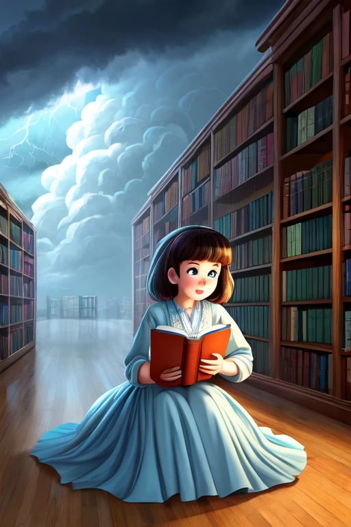 Animated girl dressed in a light blue dress who is reading a book in a library and has a whirlwind in her head with a background full of many books and a storm in the background of the library 