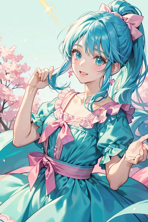 Aoi-chan-tchi's appearance is based on Aoi Kiriya's. She resembles a young girl with light skin, pink cheeks, blue hair with a tied ponytail to the side, and blue eyes. She wears a blue and mint green dress with a matching hair accessory. SPARKLE; GLITTER