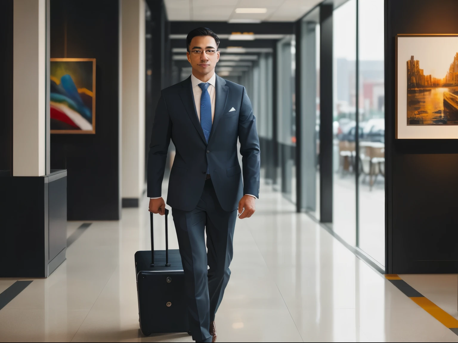 Create an image of a man investor, holds suitcase in one hand, wears business clothes, investment context, Work of art, business environment, best quality, 8k hd, DSLR, film grain, photorealistic painting Fujifilm XT3