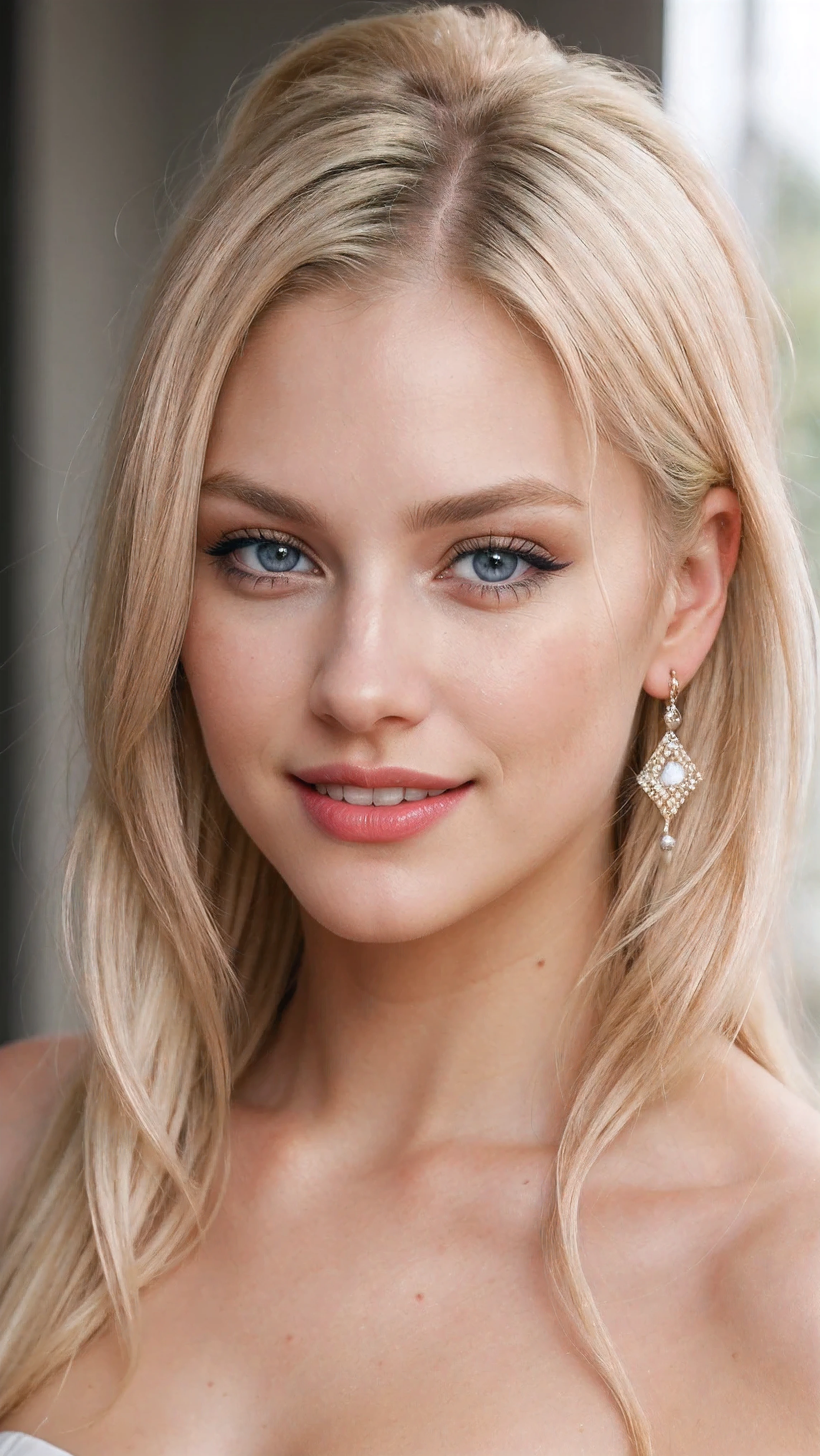 an eye contact of a blond, blue eyes and georgous lipps, looking sexy, horny, dezent make up, beautiful hair, smiling, showing teeth, brown strikes in hair, dezent red lips, pony tail