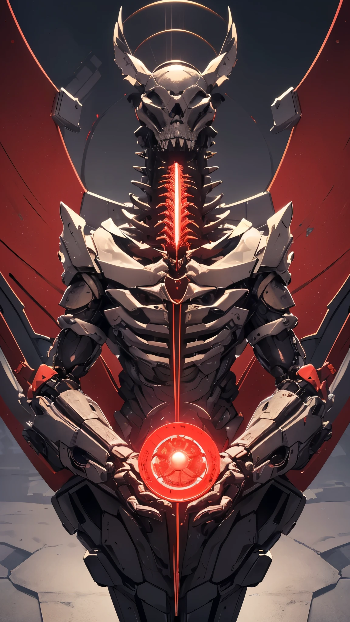 ((8K resolution))、((highest quality))、((masterpiece))、((Very detailed))((((dramatic))), (Anatomically correct)、The depth of the object to write、Looking at the camera、front、(Giant、Mechanical bones格、Mechanical boneechanical Cervical Vertebra、Red light turbine core、Bloody)、spooky、an ominous、((theme、whole body:1.1)), SF、Biomechanics、Design、background:Maintenance Dock