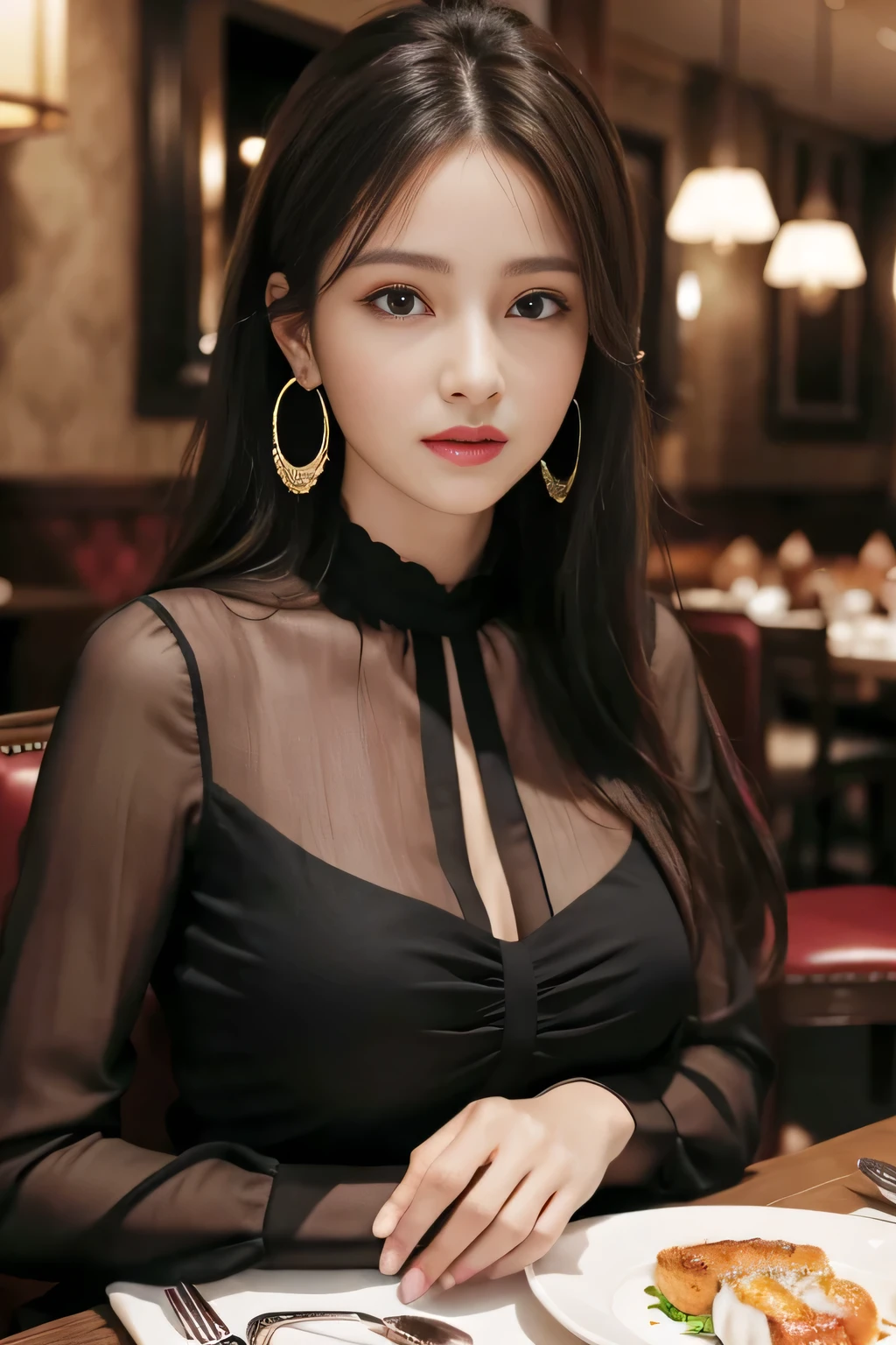 masterpiece, highest quality, Realistic, Very detailed, Finer details, High resolution, 8k wallpaper, One beautiful woman,ereganntona Wearing a black see-through blouse, In a great restaurant, At night, Light brown messy hair, Perfect dynamic composition, Beautiful and beautiful eyes、Big earrings、Sitting in a chair