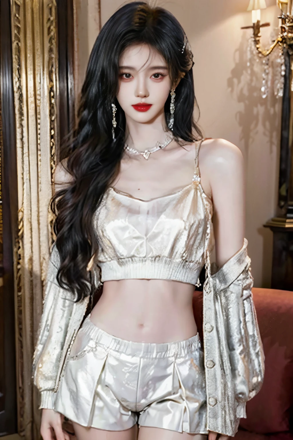 Pure erotic photography，Best Masterpiece，Good quality，超A high resolution,，Movie Angle,，Professional lighting, ，Perfect focus，realisticlying，Ultra-high resolution fabric texture，Korean babes，Beutiful women，Extremely sexy body detail room looking directly into the camera，with sexy look，photorealistic perfect body，Shiny skin，The face of the flawless goddess，Beautiful and delicate eyebrows and eyelashes，Sexy red lips，Perfect lip shape，seduct smile，clear skin texture，wetted skin，8k eye details，8K pupils（Advanced facial details：1.1）Long light blonde hair，Long light blonde hair，Clear strands of hair，Careful hair texture（Premium hair details：1.1）（Premium body detail：1.1）Plump and toned body，（Advanced finger detailing：1.1）Clear finger depiction，White hoodie，White sweatshirt，Black patent leather shorts，Shiny leather shorts，Babes shorts，Black leather shorts，stockingshigh heels，Wear gold earrings，Bracelet，choker necklace，In the ornate church，Expensive paintings，fully body photo，High quality work，Babes photography，Patent leather trousers for photography