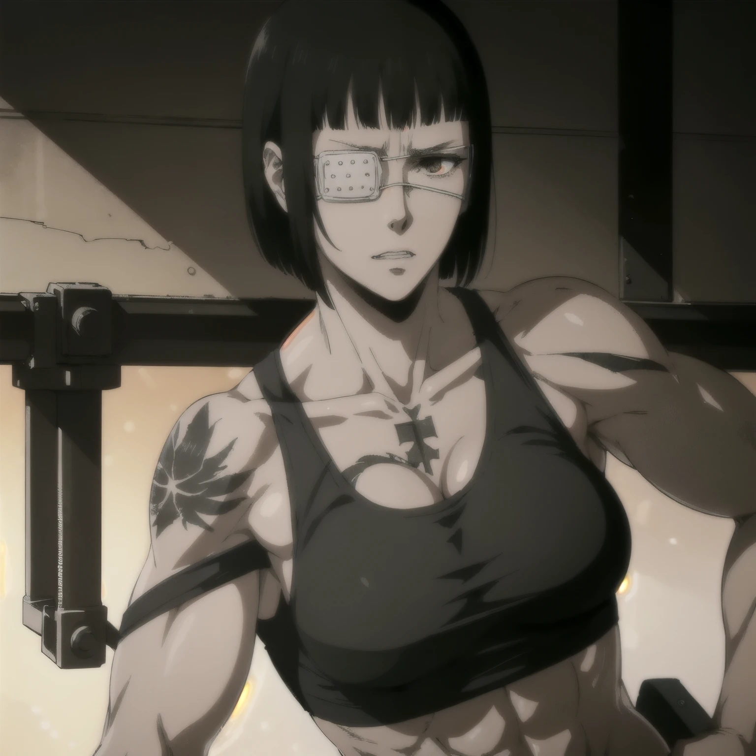 (best quality,ultra-detailed,realistic:1.37), military, muscular girl with sculpted body wearing a tank top, beautiful tattoo on girl's shoulder, full review of the female character's face and body, intense expression, strong and confident posture, studio lighting, vivid colors, physiologically-based rendering, grungy texture, rugged background, dust particles in the air, commanding presence, professional, powerful, gritty aesthetics,six-pack,Valmet with her muscles body,eye patch,short hair,