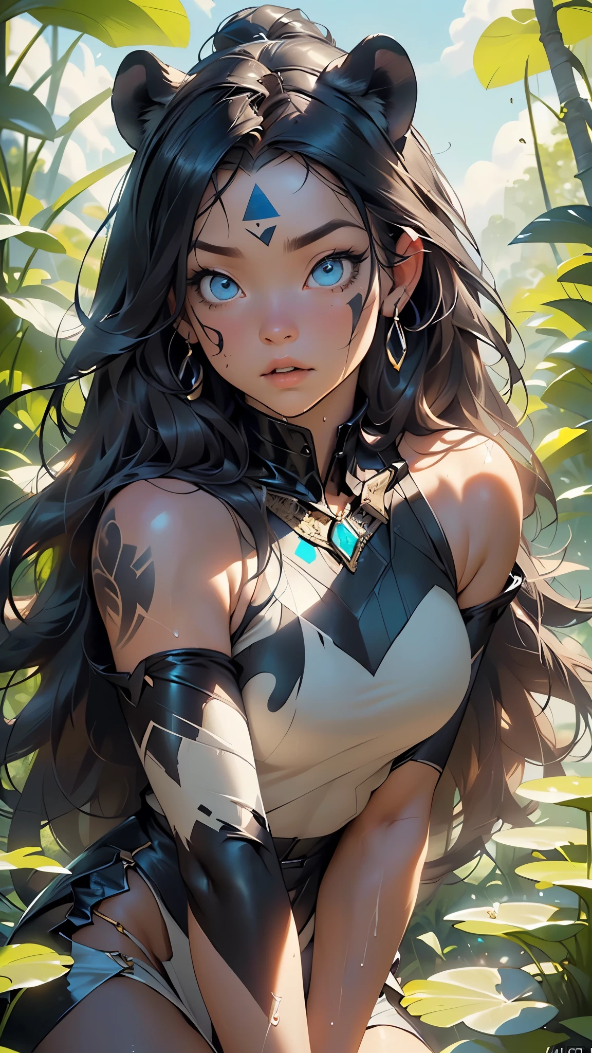 1girl,Inca woman,

(large breasts:1.4),((((long black hair, floating hair)))),(((brown_eyes:1.3))),intricate eyes,beautiful detailed eyes,symmetrical eyes,big_eyes:1.5,((((dark skin:1.5,lustrous skin:1.5,tanned skin,bright skin: 1.5,skin tanned,shiny skin,very shiny skin,shiny body,Reflective skin)))),(spider lower abdomen,narrow waist,wide hip,athletic body,inflated legs,thick thighs,(detailed face)),beautiful detailed lips,mature, sexy, toned muscles, long legs, curves, thick thighs,  wide hips, slender legs,long eyelashes, nipples

cute,slutty,sensual,seductive look,seductive,((erotic)),opulent,sumptuous,((nsfw)),

(1 Inca woman in Inca costume with red blue white and pink colors), (a beautiful Inca woman dressed in traditional Inca dress typical costume of the woman of Cuzco Peru),  (full traditional Inca costume),((mini skirt)),

(shy pose:1.3),looking at viewer,embarrassed,shy,centered,scale to fit dimensions,Rule of thirds,

outdoors,overgrown,(overgrown background,glowing crystals,bioluminescent plant),scenery,extremely scenery,(((glowing crystals,bioluminescent plants))),(puddles everywhere,moss,moss on the background),clouds,lily pads,palms,reeds,(sunset, golden hour),(dense jungles full of exotic plants and animals),

(Glossy prehispanic ornaments),highres,sharp focus,(ultra detailed,extremely detailed),(photorealistic artwork:1.37),(extremely detailed CG unity 8k wallpaper),(((vibrant colors,vibrant theme))),(intricate),(masterpiece),(best quality),artistic photography,(photography taken by sldr),(intricate background),perfect rendered face,perfect face details,realistic face,photo realistic,((intricate detail)),(((realism))),
