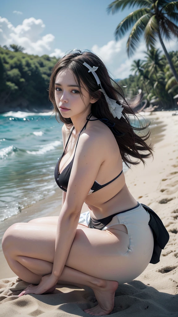 Beauty Photography , natural , young , Early 20s woman , outdoor , sitting in the middle White sand beach, side view , beautiful blue waves, creating an beauty atmosphere , wind bowling effect, (sad expression:1) , (wearing simple black bikini and skirt white jean:1.5) , graceful pose ,  White sand beach, beautiful blue waves , coconut trees , shell, blue sky, wind blow , photographed using an Canon eos 90d DSLR camera with 18-135mm lens , detail skin texture , detailed face , close up , low exposure , High Dynamic Range (HDR) shot, (full body shot)