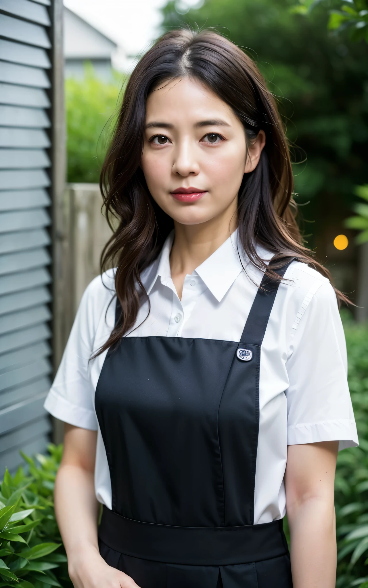 ((Best Quality, 8k, Masterpiece: 1.3)), Photorealistic, Sharp Focus, High Quality, High Definition, Portrait, Solo, Japan, Middle Aged Woman, Beauty, 43 years old, Plump, Wavy Hair, receptionist uniform, Wrinkles at the corners of the eyes:0.5, Narrow backyard, Lots of boxes, Lots of files, Dark background